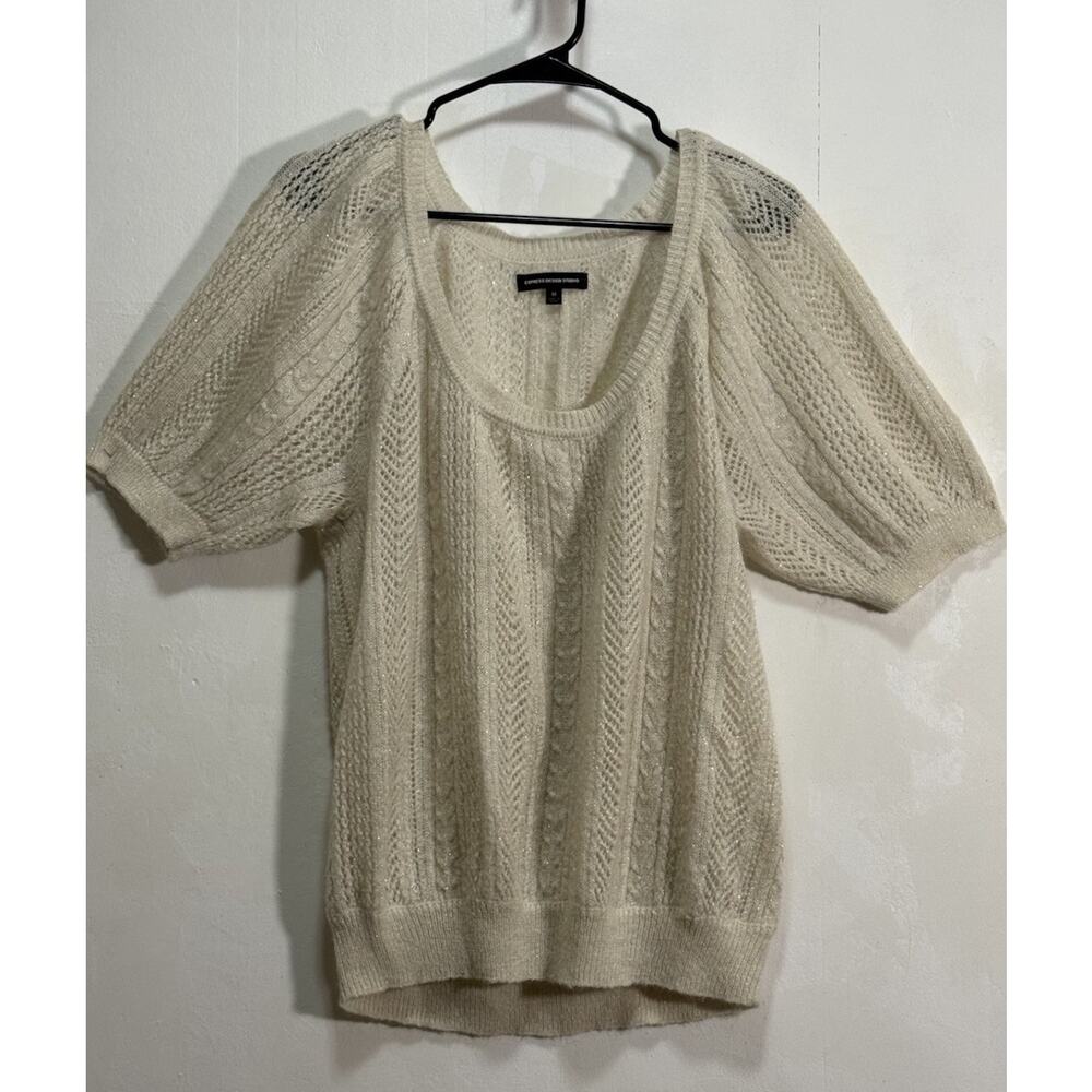 Express Design Studio Mohair Ivory w Gold Short Sleeve Sweater Women’s Sz M